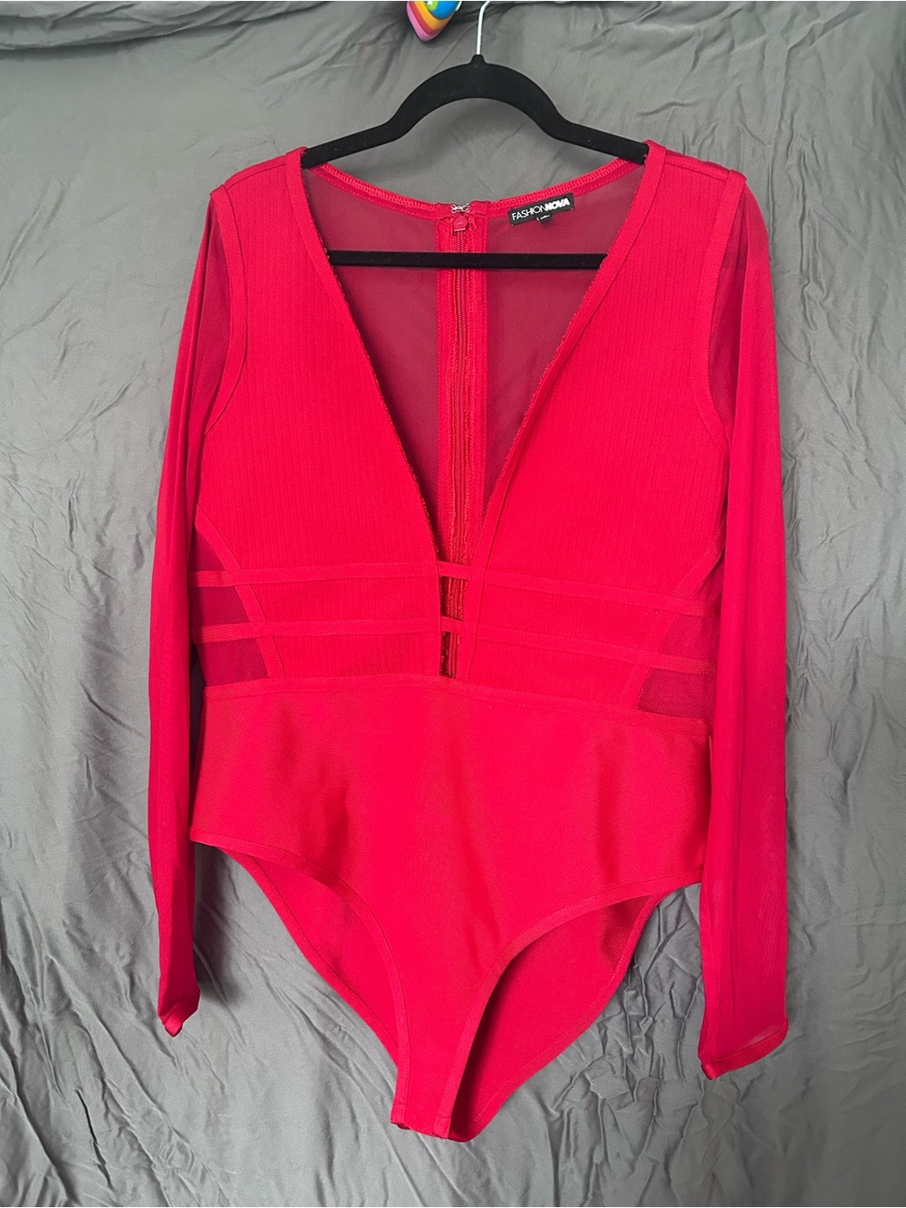 Fashion Nova red Long-Sleeve Mesh Panel One Piece